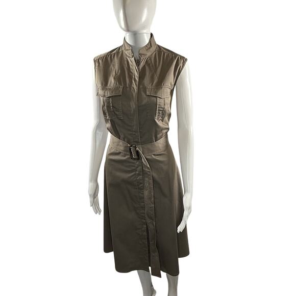 Ann Taylor mandarin Collor leeveless Utility Belted Dress Khaki Green 10 88-62 - Picture 7 of 16